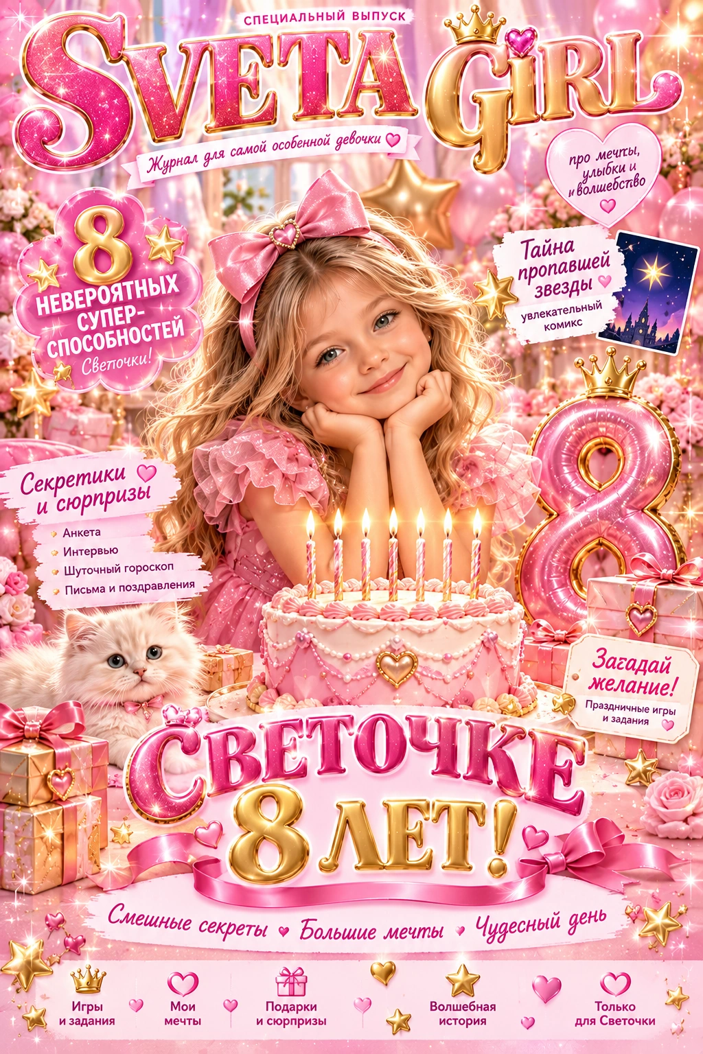 Глянцевая праздничная обложка журнала SVETA GIRL: Светочке 8 лет, розовая вечеринка, праздничный торт, восемь свечей, подарки и сюрпризы